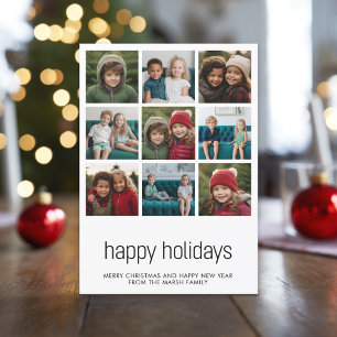 Simple 9 Photo Black White Minimal Christmas Happy Holiday Card