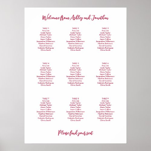 Simple 9 Table Magenta Red Seating Chart