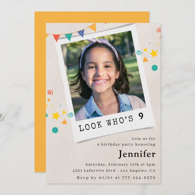 Simple 9th birthday invitations Girl Orange Photo (Front/Back)