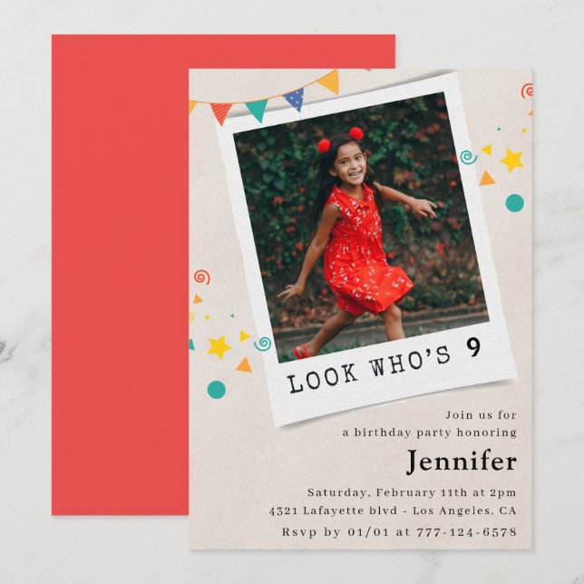 Simple 9th birthday invitations Girl Photo (Front/Back)
