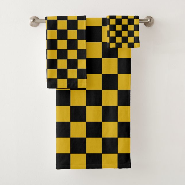 Simple Abstract Black & Golden Checkered Bath Towel Set (Insitu)