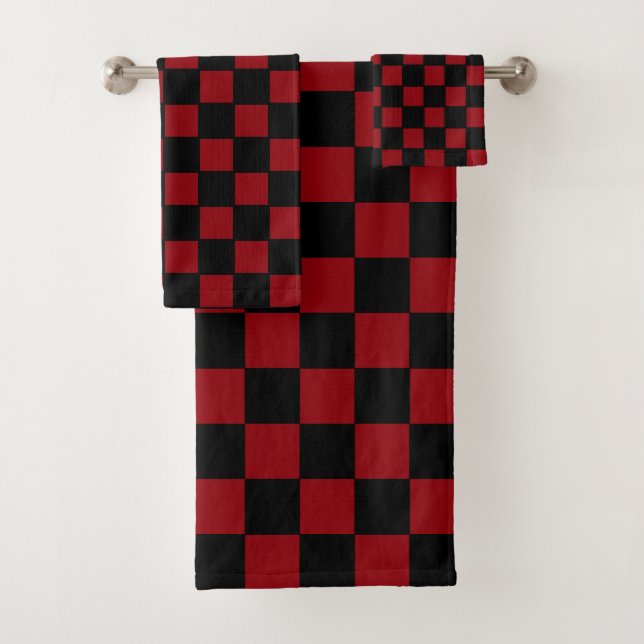 Simple Abstract Black & Maroon Checkered Bath Towel Set (Insitu)