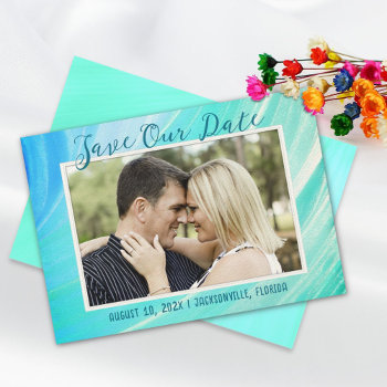 Simple Abstract Blue Photo Save The Date Cards by sandpiperWedding at Zazzle