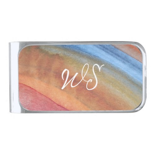  Simple Abstract Brown Blue Watercolor Monogrammed Silver Finish Money Clip