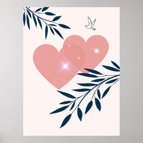 Simple Abstract Minimal Boho Style Leaf Heart Bird Poster