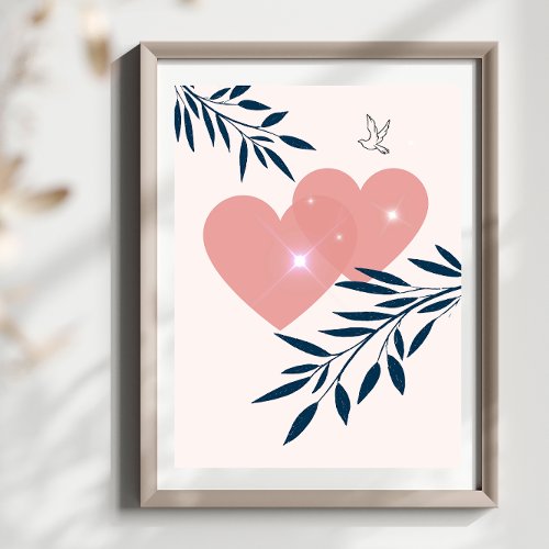 Simple Abstract Minimal Boho Style Leaf Heart Bird Poster