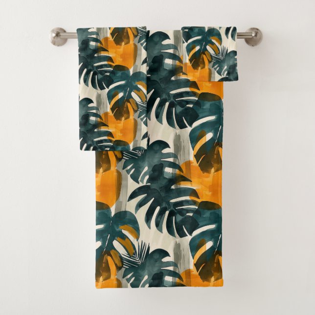 Simple abstract pattern with leaves of monstera, f bath towel set (Insitu)