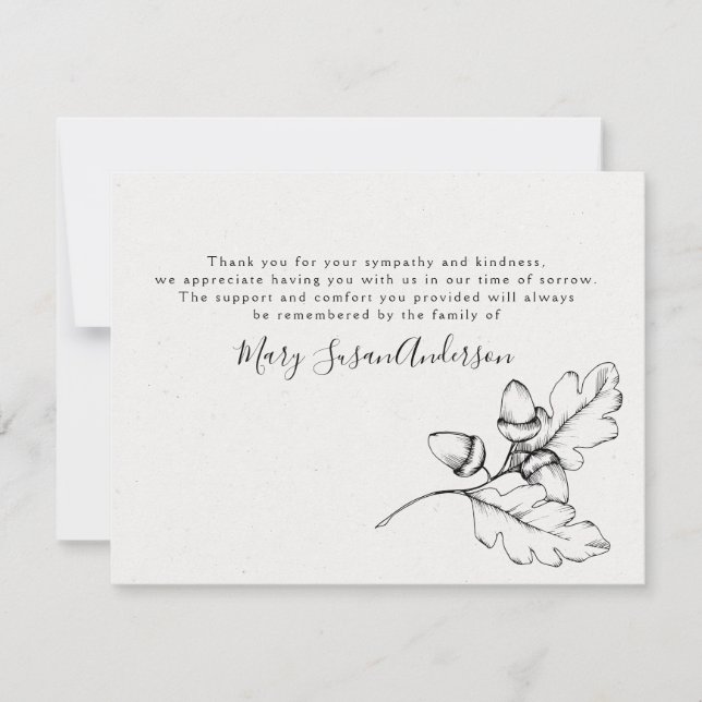 Simple Acorns Funeral Thank You Note Card (Front)