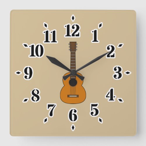 Simple Acoustic Guitar Cartoon Square Wall Clock