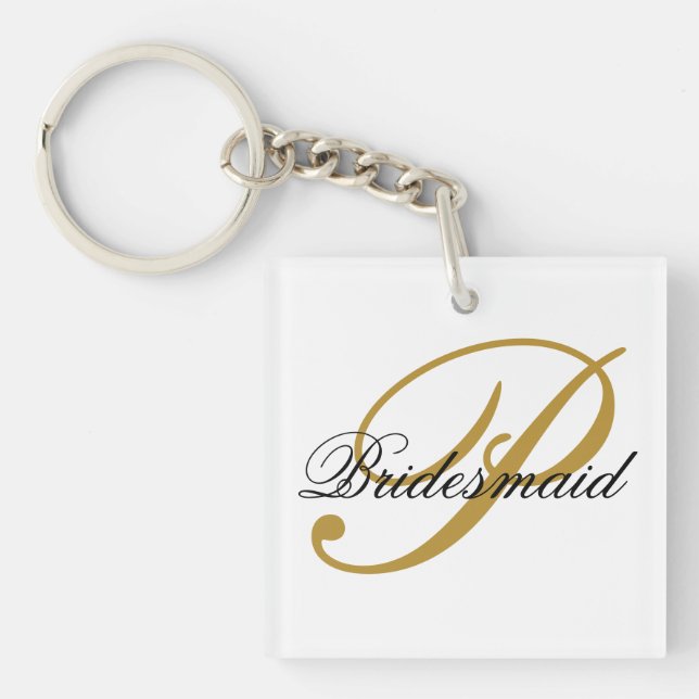 Simple Add Monogram Custom Black & Gold Bridesmaid Keychain (Front)