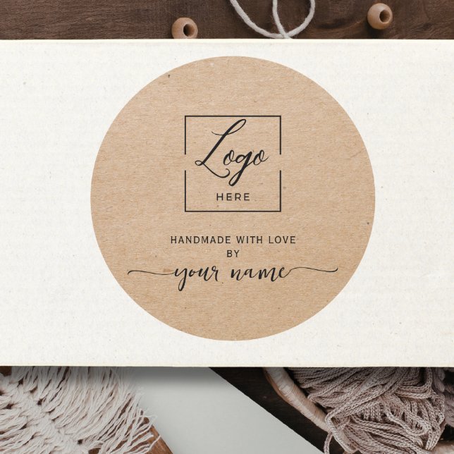 Simple Add your logo Kraft Handmade with love Classic Round Sticker (Creator Uploaded)