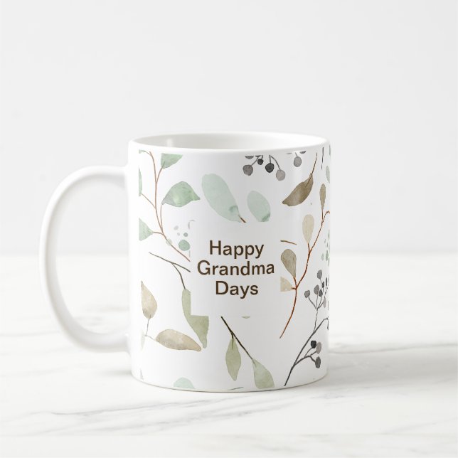 Simple Aesthetic Leaf Pattern Happy Grandma Day Coffee Mug (Left)