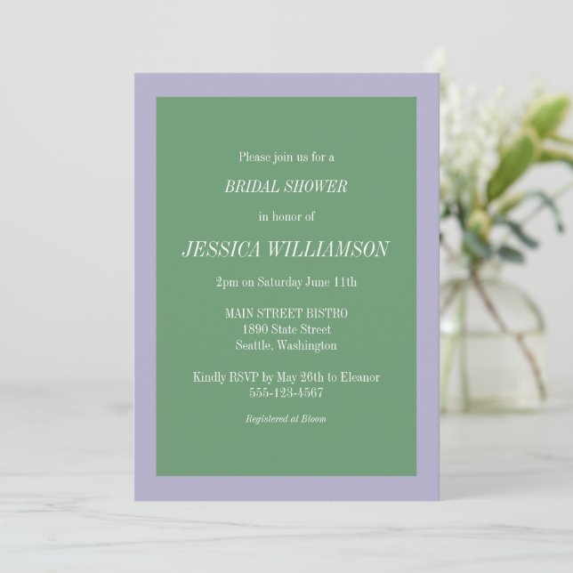Simple Aesthetic Purple and Green Bridal Shower Invitation (Standing Front)
