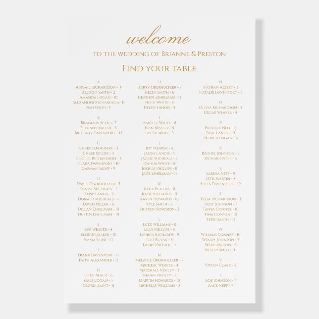 Simple Alphabetical 90 Guest Wedding Seating Chart Foam Board (Front)