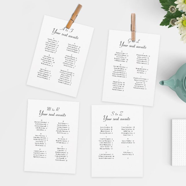 Simple Alphabetical Wedding Seating Chart Card (Easily guide guests to their seats while saving money on individual table cards.)