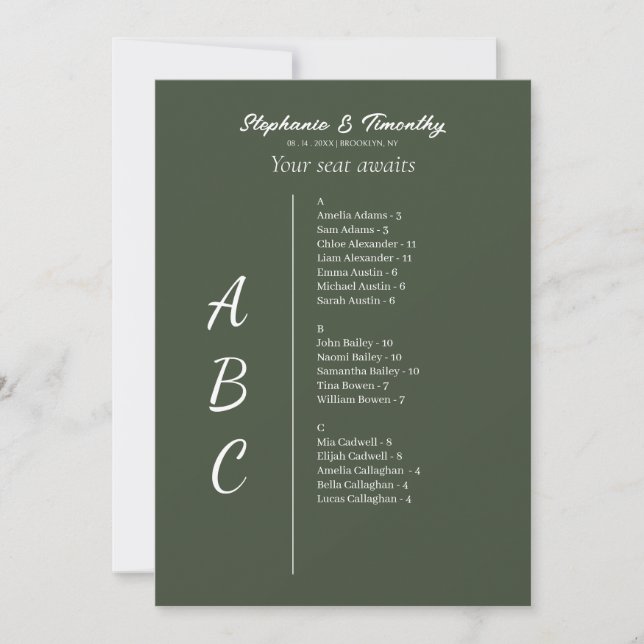 Simple Alphabetical Wedding Seating Chart Cards (Front)