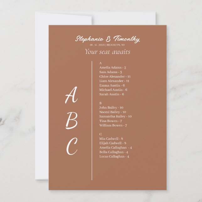 Simple Alphabetical Wedding Seating Chart Cards (Front)