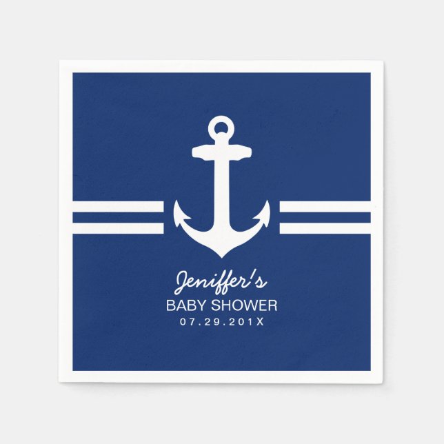 Simple Anchor Nautical Stripes Baby Shower Paper Napkins (Front)