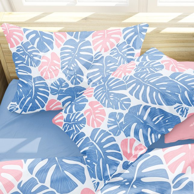 Simple and Abstract Mostera Pink and Blue Pattern Pillow Case (Introducing a modern and abstract pillow case featuring a bold botanical leave pattern.)