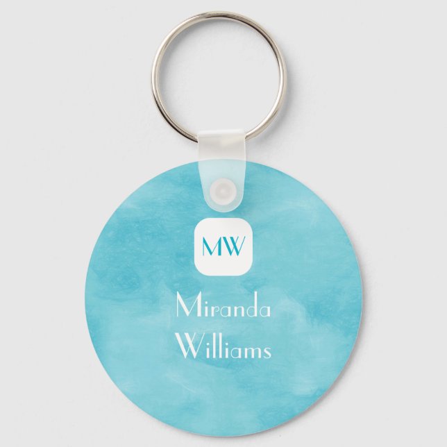 Simple and Chic Aqua Turquoise Monogram With Name Keychain (Front)