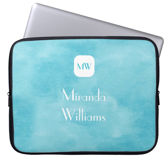 Simple and Chic Aqua Turquoise Monogram With Name Laptop Sleeve (Front)