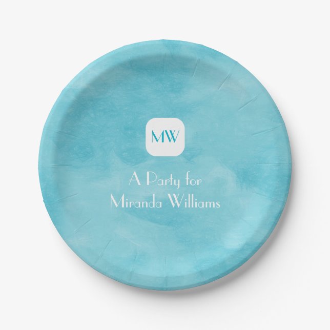Simple and Chic Aqua Turquoise Monogram With Name Paper Plates (Front)