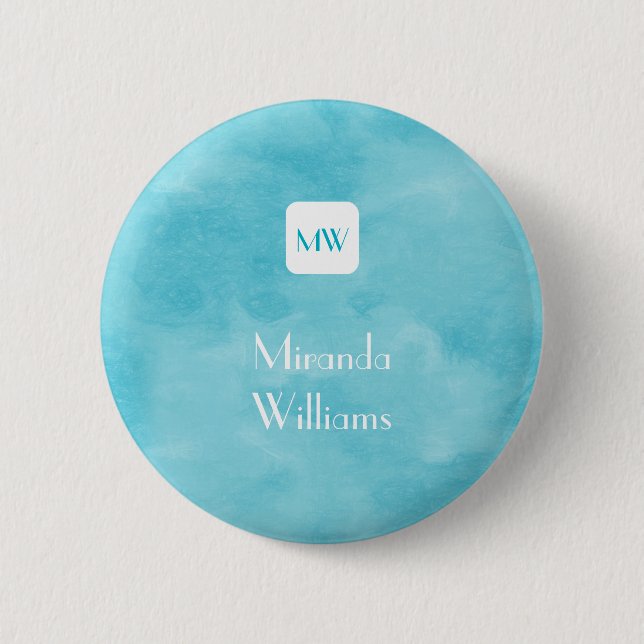 Simple and Chic Aqua Turquoise Monogram With Name Pinback Button (Front)