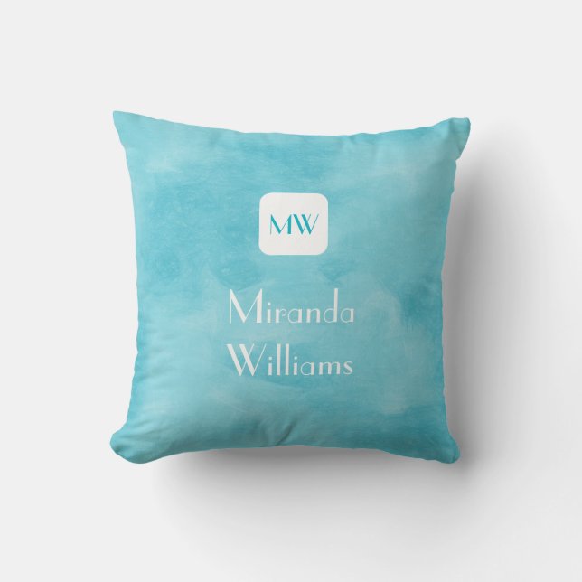 Simple and Chic Aqua Turquoise Monogram With Name Throw Pillow (Front)