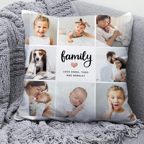Simple and Chic  Family Heart Photo Collage Throw Pillow