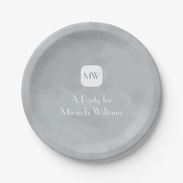 Simple and Chic Grey Gray Monogram With Name Paper Plates (Front)