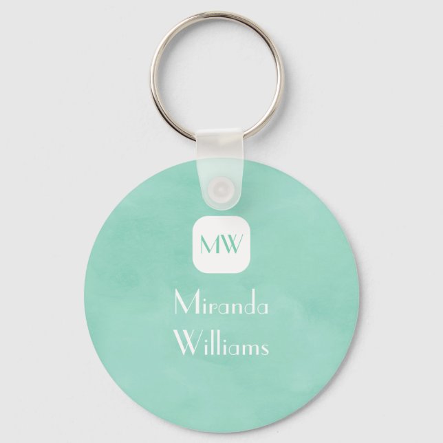 Simple and Chic Mint Green Monogram With Name Keychain (Front)