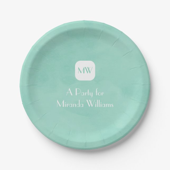 Simple and Chic Mint Green Monogram With Name Paper Plates (Front)