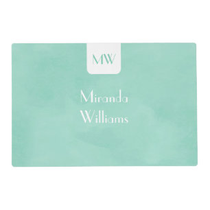 Simple and Chic Mint Green Monogram With Name Placemat