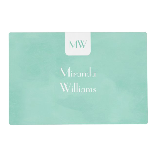 Simple and Chic Mint Green Monogram With Name Placemat (Front)