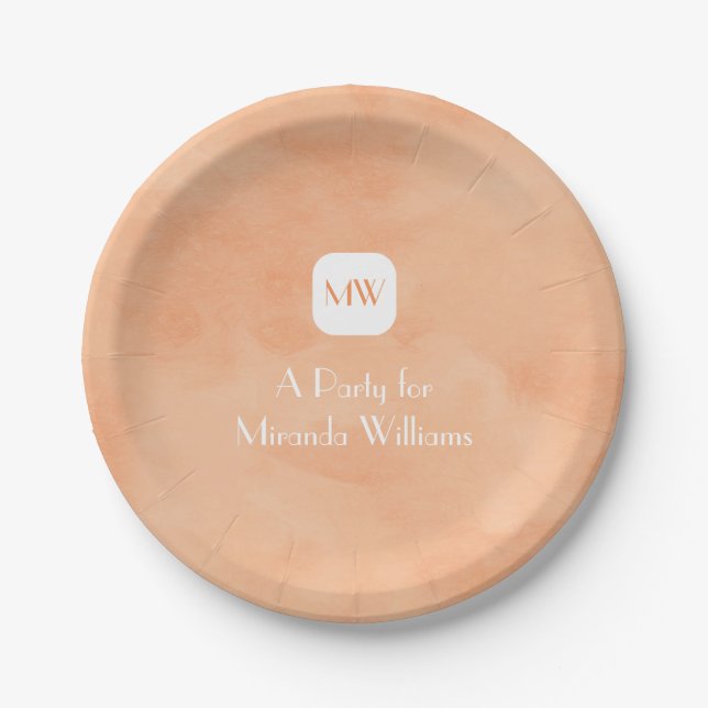 Simple and Chic Peach Orange Monogram With Name Paper Plates (Front)