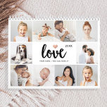 Simple and Chic Photo Collage | Love with Heart Calendar<br><div class="desc">This chic black and white 2024 calendar features a photo grid on the cover, with ten of your personal photos, and trendy modern script typography that says "love". There is also an elegant little heart with a faux rose gold look. Every month has its own photo, plus a stylish black...</div>