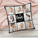 Simple and Chic Photo Collage | Love with Heart Throw Pillow<br><div class="desc">This chic black pillow features a photo grid with eight of your personal photos, and trendy modern script typography that says "love". There is also an elegant little heart with a faux rose gold look. A simple, minimalist yet absolutely stylish gift for your mother, spouse, or any family member any...</div>