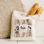 Simple and Chic Photo Collage | Love with Heart Tote Bag<br><div class="desc">This chic tote bag features a photo grid with eight of your personal photos, and trendy modern script typography that says "love". There is also an elegant little heart with a faux rose gold look. A simple, minimalist yet absolutely stylish keepsake for your mother, spouse, or any family member any...</div>