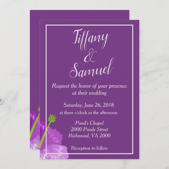 Simple and Chic Royal Purple Floral Wedding Invitation (Front/Back)