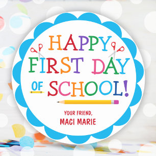 Simple and Cute Colorful Happy First Day Of School Classic Round Sticker