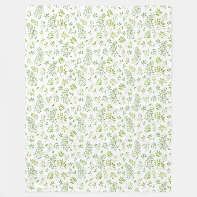 Simple and cute green leaves watercolor pattern fleece blanket (Front)