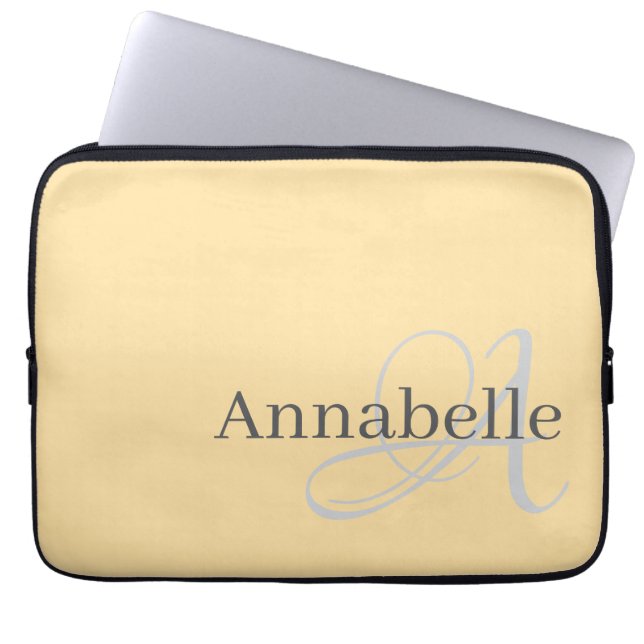 Simple and Elegant Beige monogram and name Laptop Sleeve (Front)