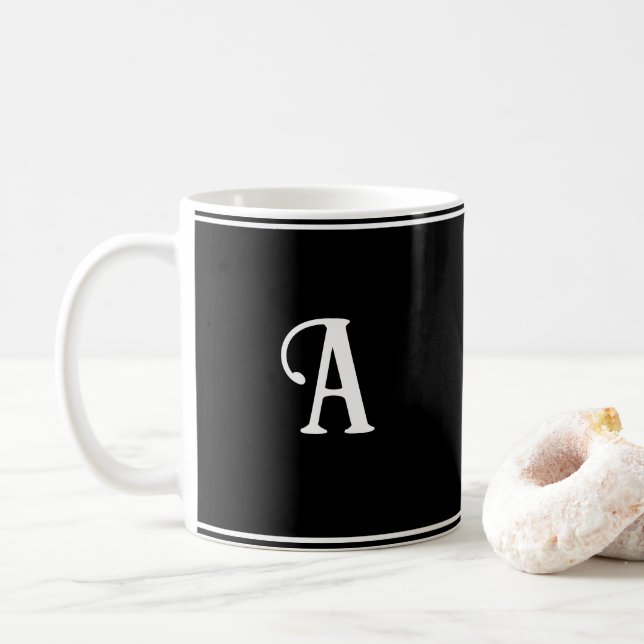 Simple and Elegant Black and White Custom Initial Coffee Mug (With Donut)