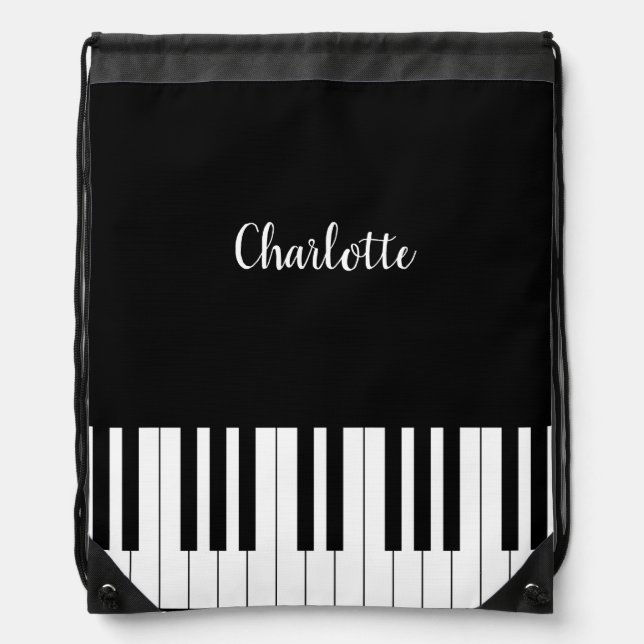 Simple and Elegant Black and White Piano Keyboard Drawstring Bag (Front)