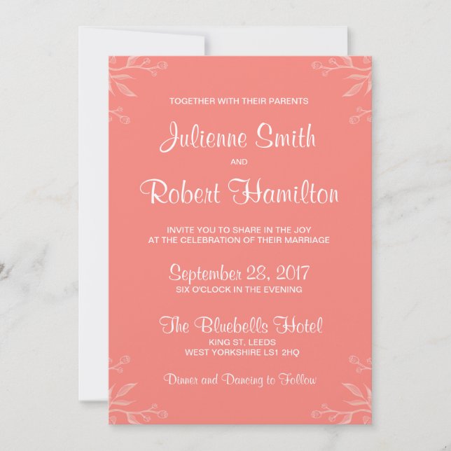 Simple and Elegant Coral Pink Wedding Invitation (Front)