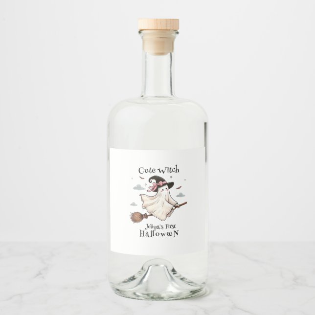 Simple and Elegant Cute witch first Halloween Liquor Bottle Label (Front)