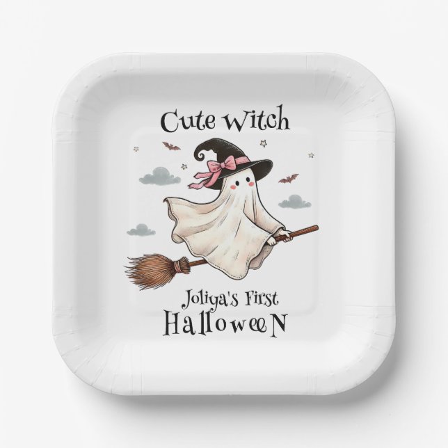 Simple and Elegant Cute witch first Halloween Paper Plates (Front)