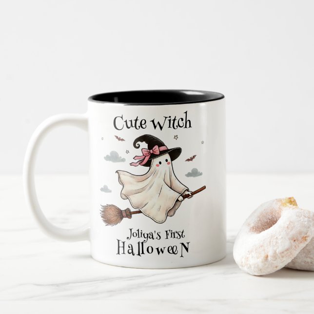 Simple and Elegant Cute witch first Halloween Two-Tone Coffee Mug (With Donut)