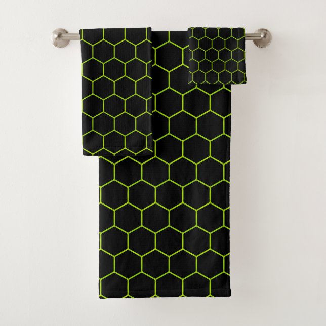 Simple And Elegant Honeycomb Pattern Black & Green Bath Towel Set (Insitu)