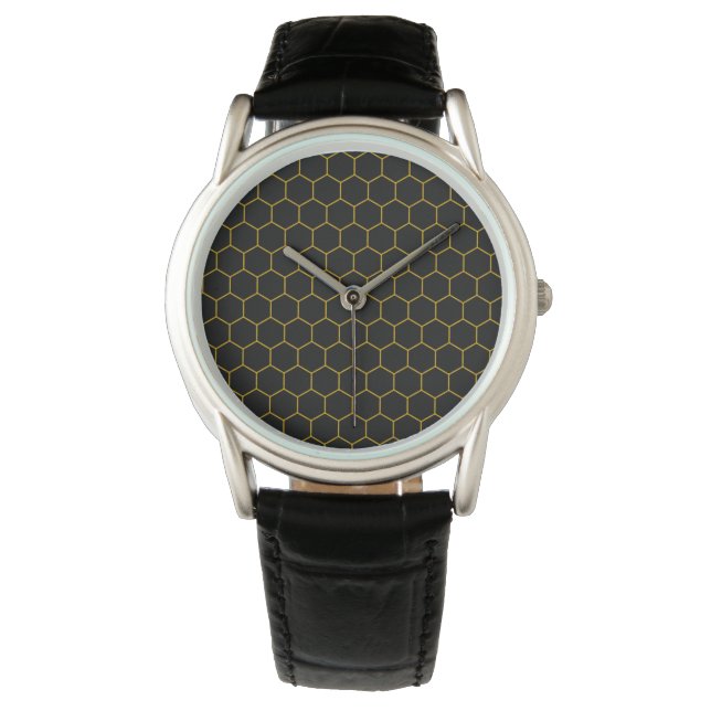 Simple and elegant honeycomb pattern black yellow watch (Front)